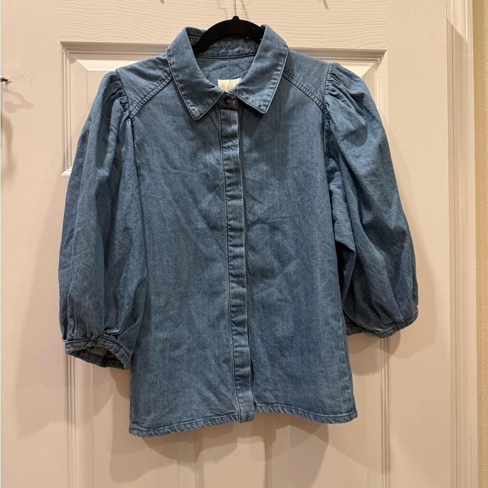 Industry Republic Clothing 100% Cotton Denim Button-Down Puff Sleeve Shirt
